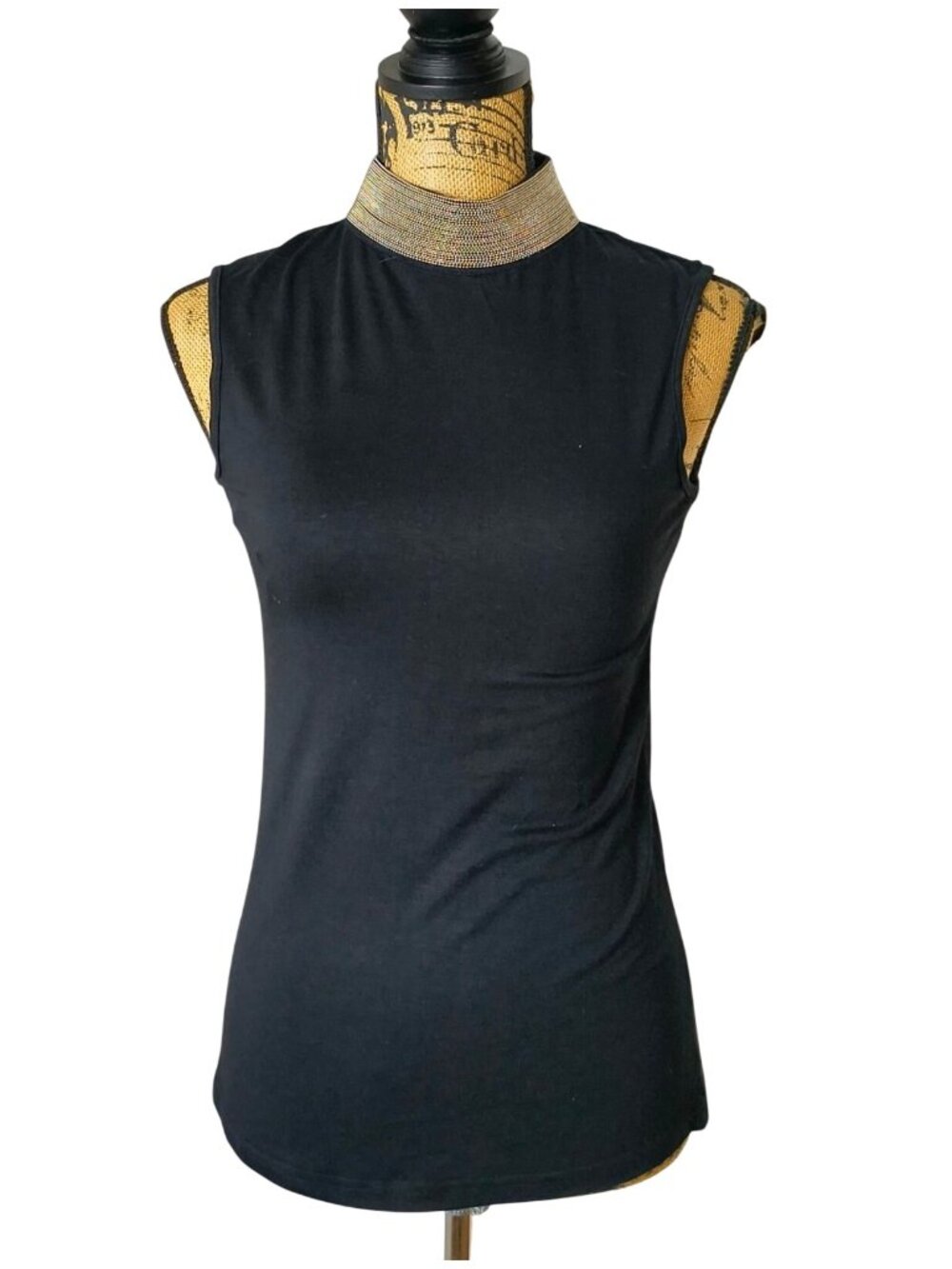 Gracia Womens S Black Sleeveless Top Rhinestone Mock Collar Elegant Evening Glam